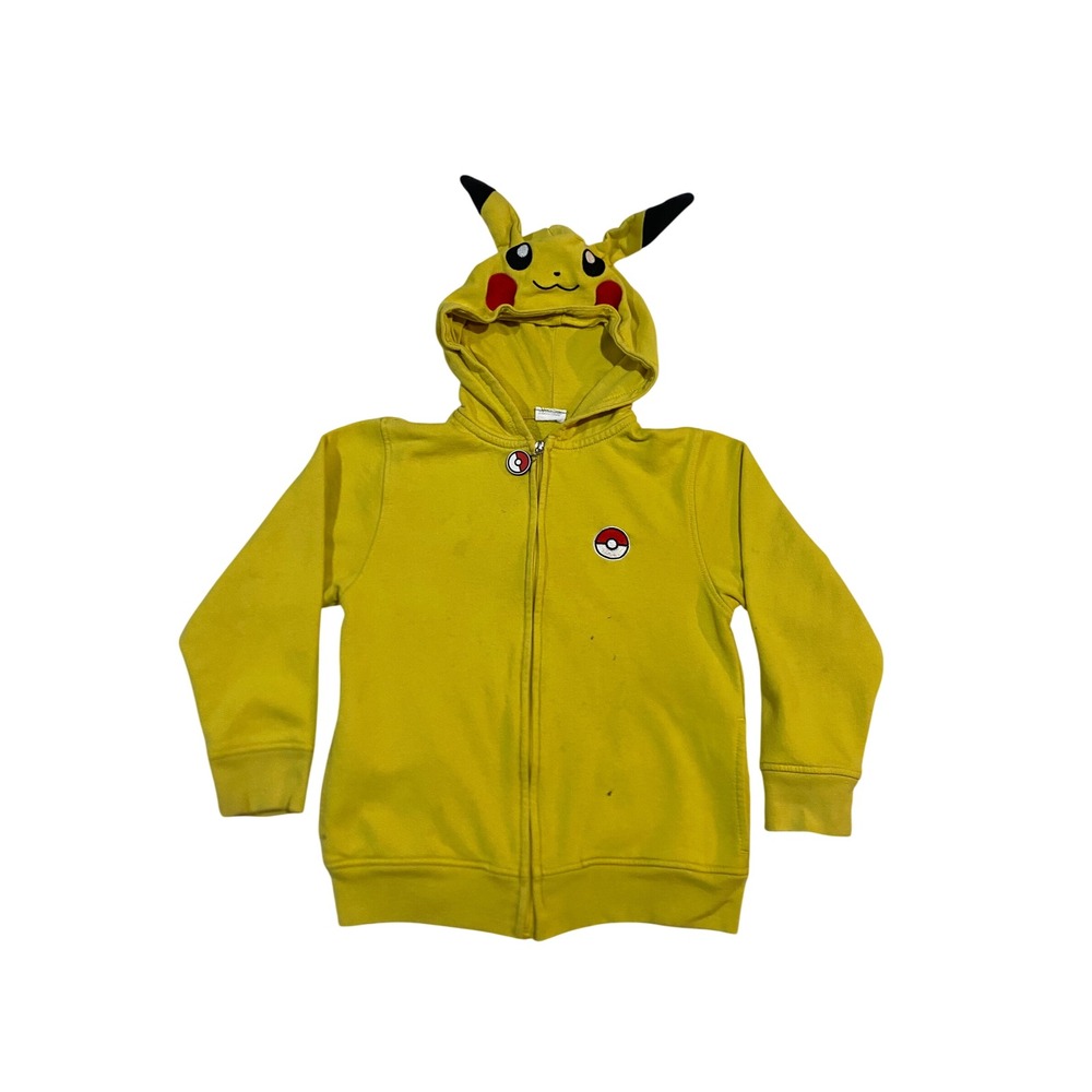 Pokemon Pikachu Kids Yellow Zip Up Hoodie With Ears Size Small Poke Ball Graphic